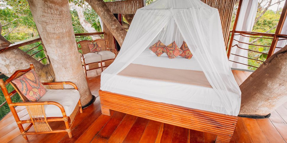 Bedroom space inside treehouse at the treehouse lodge in peru.